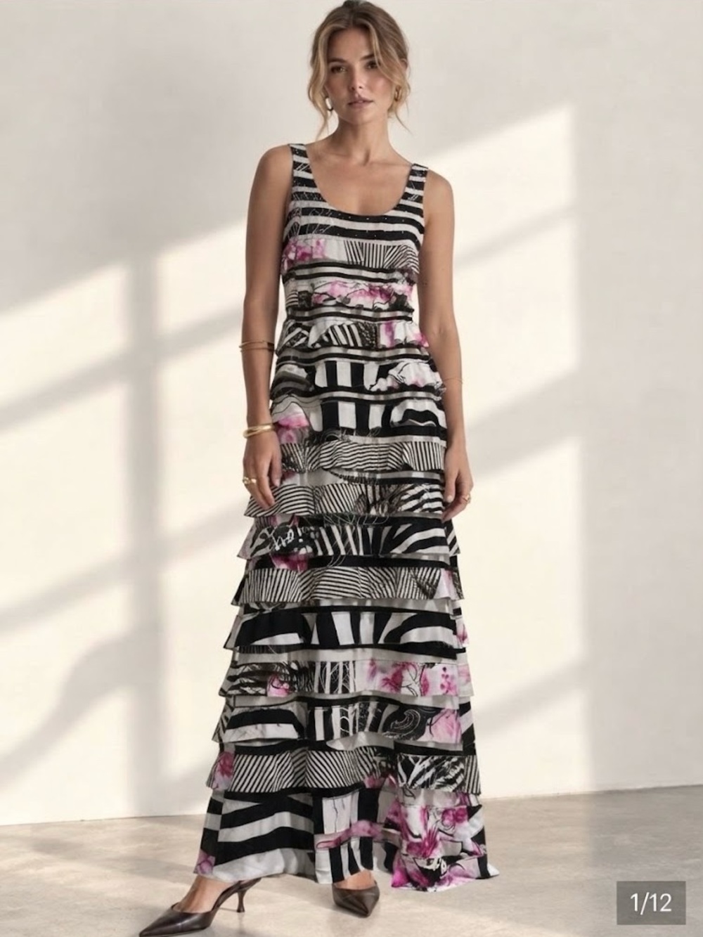 Swarovski Elements Striped Black & White Maxi Dress with Pink Floral Accents